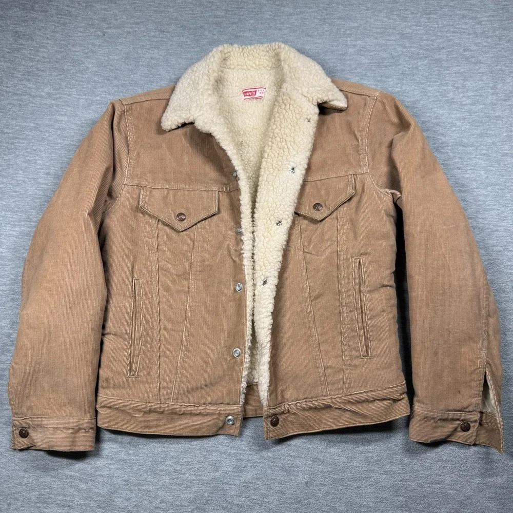 VTG Levis Jacket Adult 38 Beige Corduroy Sherpa Lined Trucker 70S Usa 20x24 S/M